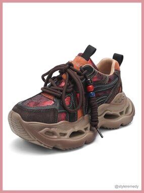 Women's Lace-Up Slip-Resistant Platform Sneakers Suede Leather Running Casual